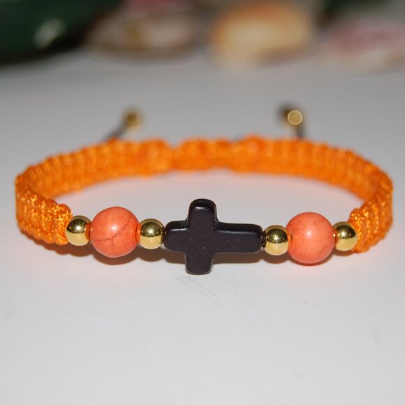 Cross Bracelet,Gemstone Beads,Braided Bracelet,Orange Bracelet - Picture 2 of 3